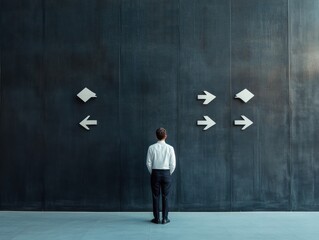 Obraz premium Contemporary Tech Analysis IT Professional Front View with Floating Arrows on Black Metal Wall - Strategic Innovation and Digital Solutions for Business Enhancement