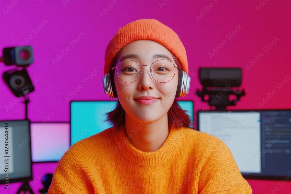 Aufkleber Vibrant Home Podcasting Studio RGB LED Set-Up with Multi-Monitor Display - Digital Content Creation for Dynamic Media Engagement and Streaming Success