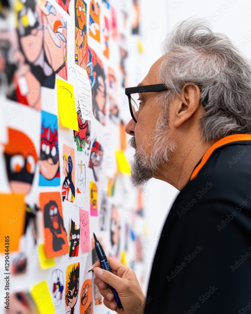 Poster Contemporary Visual Storytelling Hub Indigenous Artist Leads Graphic Novel Brainstorming with Sketches and Notes on Corkboard - Creative Workspace for Concept and Storyboard Design