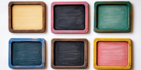 Colorful small chalkboards in various hues of yellow, pink, green, blue, brown, and black arranged in two rows on a clean white background.