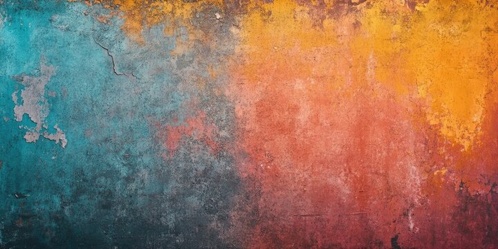 Colorful abstract textured wall with a gradient of turquoise, burnt orange, and deep red, showcasing worn textures and rich color contrasts.