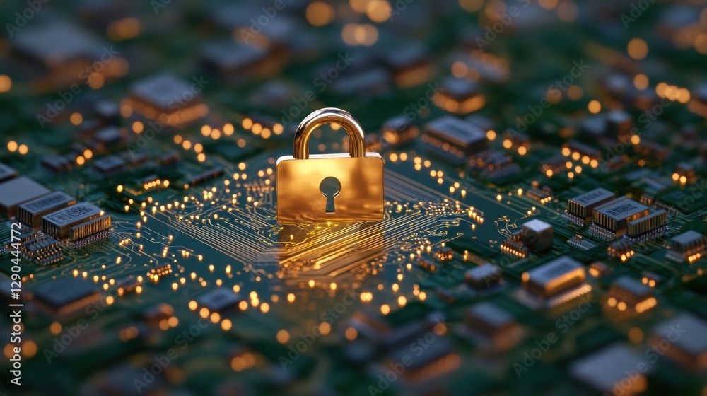 Aufkleber Futuristic Cybersecurity Circuit Golden Lock Icon on Microchip Field - Advanced Tech Infrastructure and Network Protection for Digital Commerce and IT Innovation