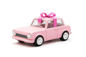 A pink toy car adorned with a bow, symbolizing a gift or celebration.