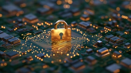 Futuristic Cybersecurity Circuit Golden Lock Icon on Microchip Field - Advanced Tech Infrastructure and Network Protection for Digital Commerce and IT Innovation