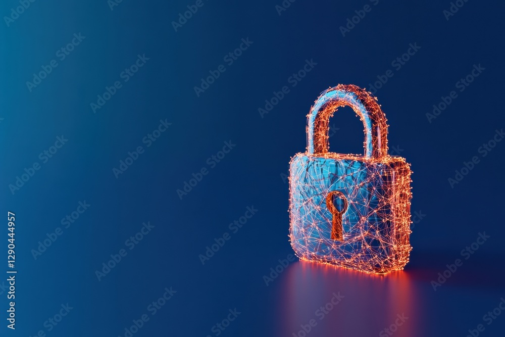 Poster Futuristic Cybersecurity Concept Glowing Networked Padlock on Gradient Blue - Secure Cloud Storage and Data Encryption Marketing for IT Infrastructure Solutions