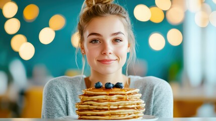 A smiling young woman enjoys a stack of pancakes topped with blueberries, set against a softly lit background.