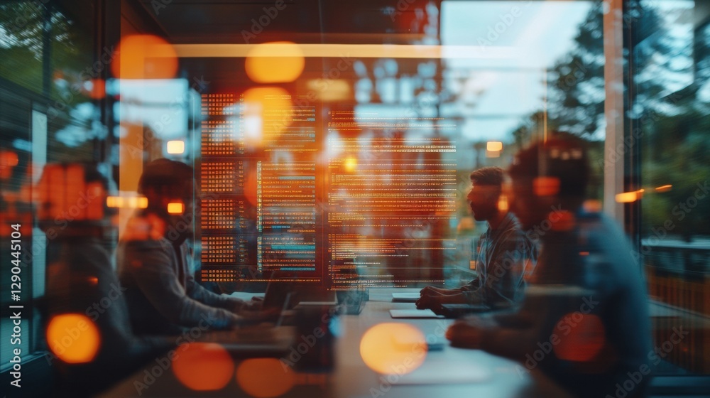 Poster Contemporary Cybersecurity Collaboration Dynamic Office with IT Specialists Analyzing Real-Time Security Metrics on LED Panels - Cutting-Edge Risk Management and Digital Safeguarding