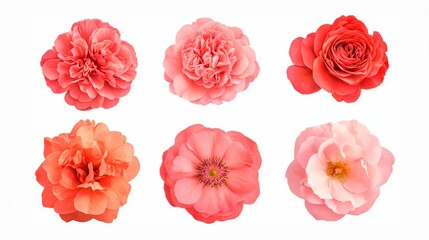 Naklejka premium A collection of pink and coral flowers showcases their delicate petals and varied textures, creating a beautiful floral display.