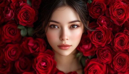Woman in Roses,  Elegant, Surrounded, Red Flowers.  Portrait