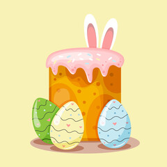 Easter cake with colorful eggs and white easter bunny on yellow background