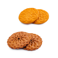 Delicious hard biscuits stacked on a white background
