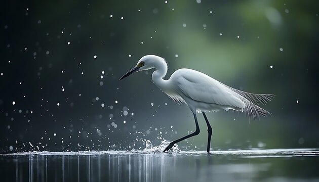 Elegant egret wading in shallows, water droplets, nature scene