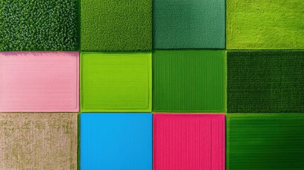 Fototapeta premium Geo-Palette Agriculture Multicolor Crop Patterns in Aerial View - Eco-Farming Aesthetic for Sustainable Food Systems and AgTech Innovation