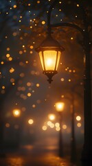 A vintage lamppost illuminating a walkway on a misty evening