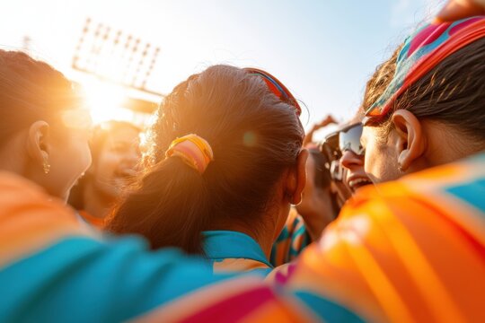 Vibrant Womens Cricket Moment Celebratory Team Huddle in Bold Jerseys - Dynamic Sports Marketing and Empowerment Storytelling for Contemporary Female Athletes