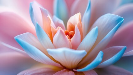 Pink Flower Close Up, Pastel Color Petals, Blue Edge Details, Orange Center Blossom, Soft Light Image