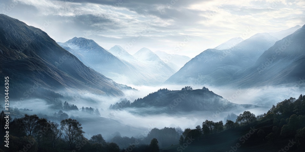 Wall mural misty mountain landscape at dawn with layered hills in shades of blue and gray, fog enveloping valle