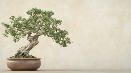 Serene Bonsai Tree in Terracotta Pot Against Beige Background
