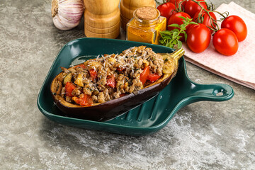 Baked eggplant stuffed meat and tomato