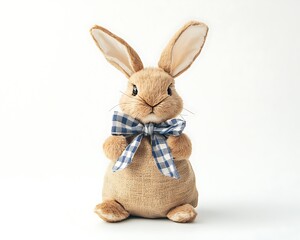 Obraz premium An adorable plush bunny wearing a blue checked bow