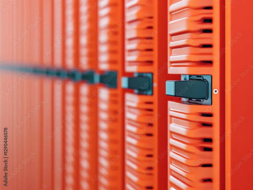 Fototapete Vivid Industrial Server Room Locks Striking Orange Metallic Texture for Data Center Security - Enhancing Modern Tech Infrastructure and Premium Networking Solutions