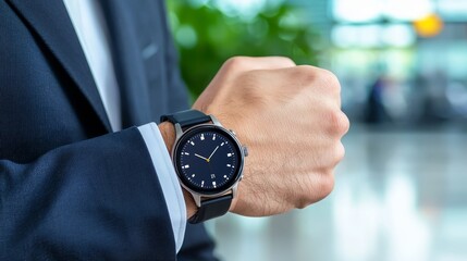 Efficient Time Management: Businessman Utilizing Smartwatch for Travel Scheduling in Airport Lounge