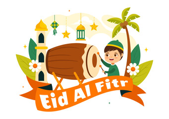 Happy Eid Al-Fitr Mubarak Illustration featuring a Mosque and a Muslim Celebration on this Special Day, Bringing Peace and Happiness to Everyone