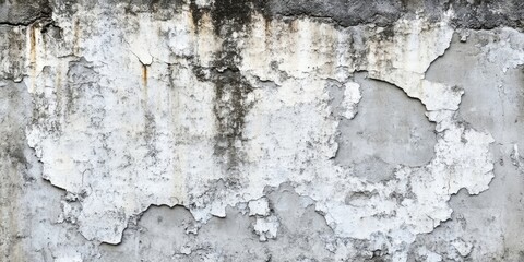 Obraz premium Aged gray concrete wall with prominent peeling texture and irregular patches, featuring weathered white and dark gray tones, ideal for backgrounds.