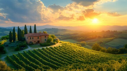 Naklejka premium Tuscan farmhouse illuminating during golden hour sunset over vineyards