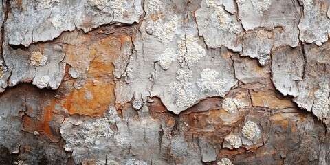 Obraz premium Textured bark with peeling layers in shades of brown, gray, and orange, showcasing natural patterns and lichen growth for a rustic aesthetic.
