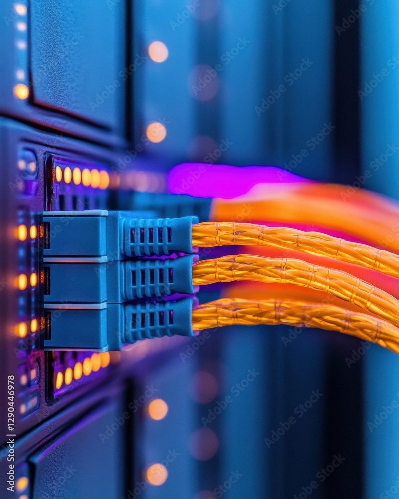 Aufkleber Neon-Lit Data Center Rack Efficient Network Cable Management and Cooling Systems - Tech Infrastructure for Modern IT Solutions and Enterprise Operations