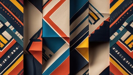 Abstract geometric pattern. Blue orange yellow shapes. Colorful paper collage. Modern decorative design. Dark background.