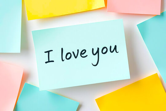 Flat lay Text I love you on blue note