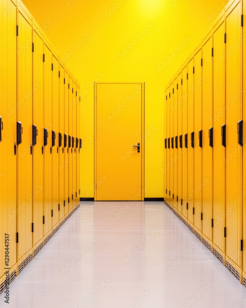 Poster Bright Minimalist Tech Corridor Vibrant Yellow Server Racks and Sleek Surfaces - Enhancing Data Center Aesthetics and Efficient Network Infrastructure Management for Modern IT Facilities