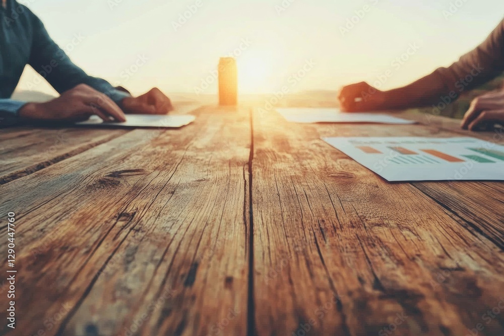 Leinwandbilder rustic collaborative workspace scene with sunset ambiance - wooden desk, graphs and strategy docs fo