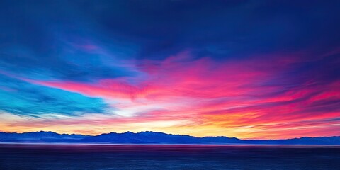 Stunning evening sky transitions with vibrant blue and pink hues fading into dusk over tranquil water and distant mountainous horizon