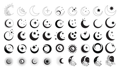 Moon, stars, moon phases, crystals, magic symbols. Vector set in oriental style. Line hand drawn illustration. Moon icons, moon design. Muslim arabian symbol. Shapes for design. Vector lunar set, sun