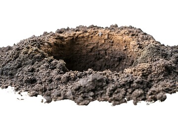 Empty hole in dark soil, isolated