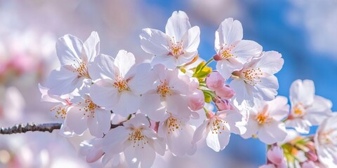 Obraz premium Cherry blossoms in full bloom featuring soft pink and white petals against a clear blue sky creating a breathtaking spring atmosphere