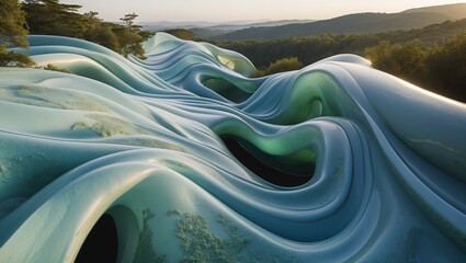 Abstract architecture. Light blue curved building with organic shapes. Forest and mountains behind structure. Daytime with soft lighting.