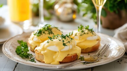 eggs Benedict on a toasted English muffin, topped with creamy hollandaise sauce and fresh herbs, with a mimosa in an elegant setting. 