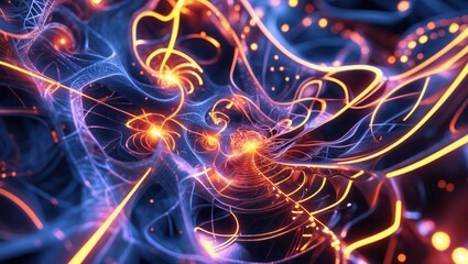Abstract glowing lines shine. Blue and orange light trails show energy and movement. Bright dots scattered along dark background.