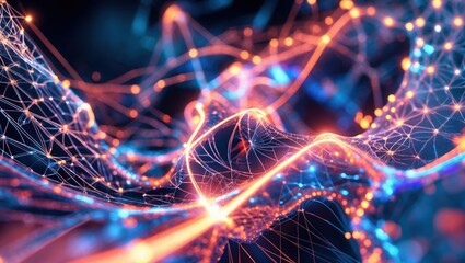 Network Mesh Blue Orange. Connected Dots Lines Abstract Background. Data Connection Visualize Modern Technology.