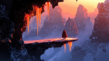 Man looks out from icy cliff into snowy mountains at sunset, reflecting in water