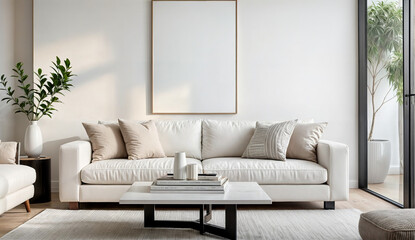 The image shows a modern living room with a white sofa decorated with beige and patterned pillows, a white coffee table with decorative items, and an empty framed photo on the wall.	
