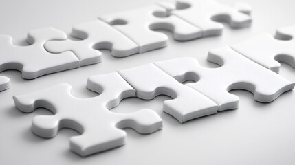 White jigsaw puzzle pieces almost complete on white background