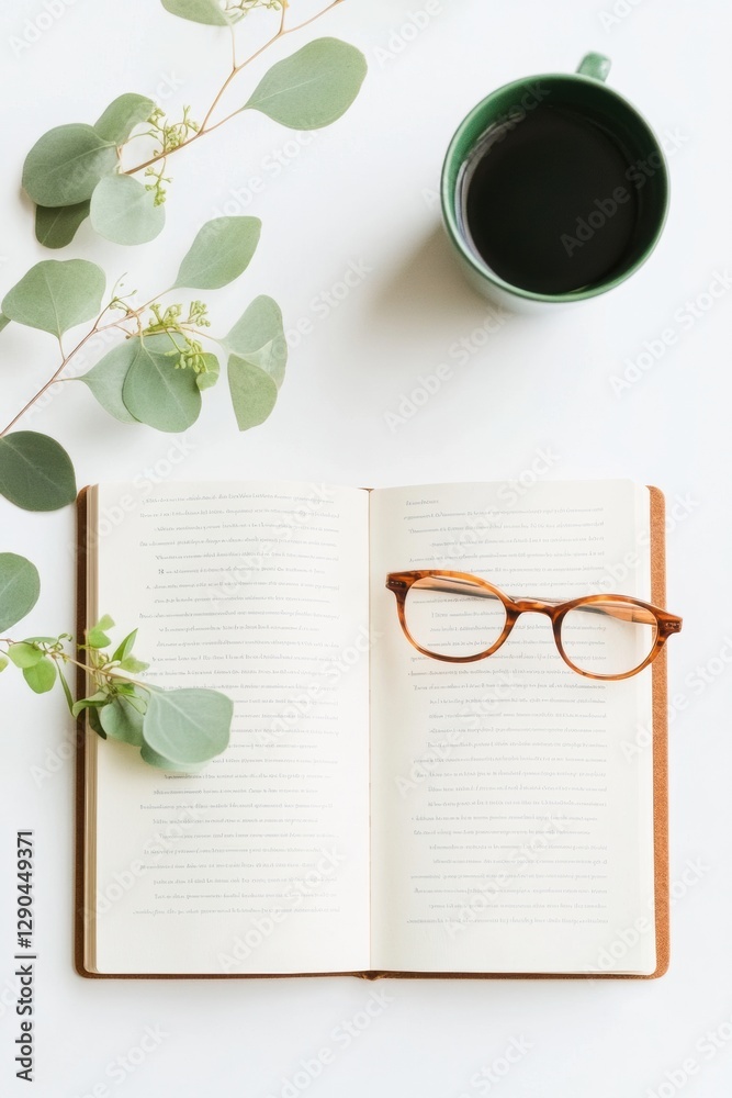 Poster minimalist academic workspace open book with glasses on eucalyptus-adorned desk - inspiring educatio