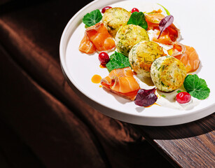 Exquisite gourmet dish featuring smoked salmon and herb cheesecake pancakes