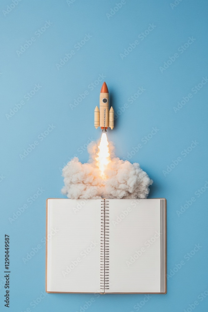Poster inspirational academic journey rocket launch concept on open textbook with mathematical symbols - mo