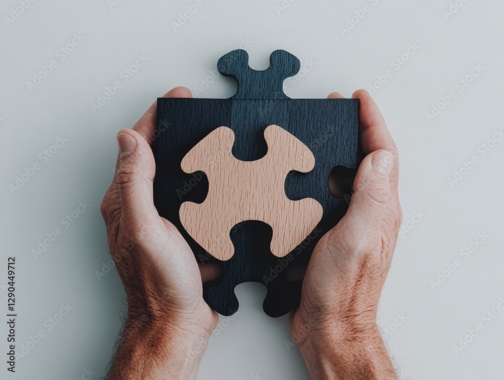 Poster Scandinavian Design Puzzle Integration Hands Holding Wooden and Black Puzzle Piece in Minimal Workspace - Collaborative Problem Solving for Business Innovation and Creative Brainstorming